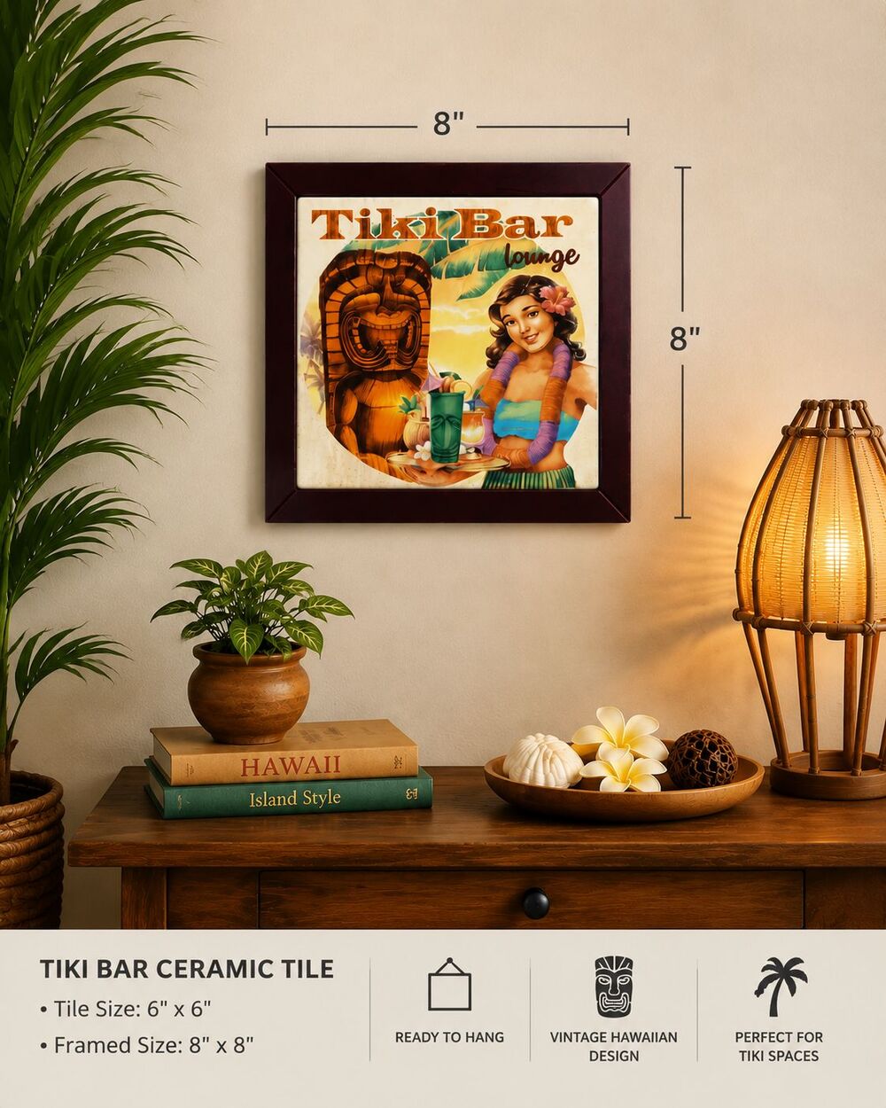 Island Heritage Tiki Bar Lounge Ceramic Tile Wall Art 8x8 Framed Hawaii Decor